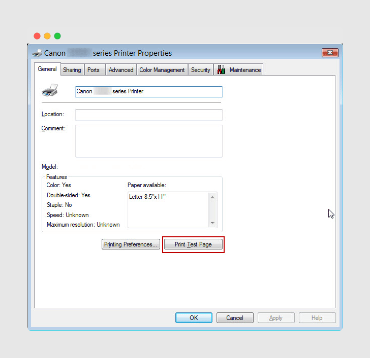 How to print a test page on Canon printer using Windows